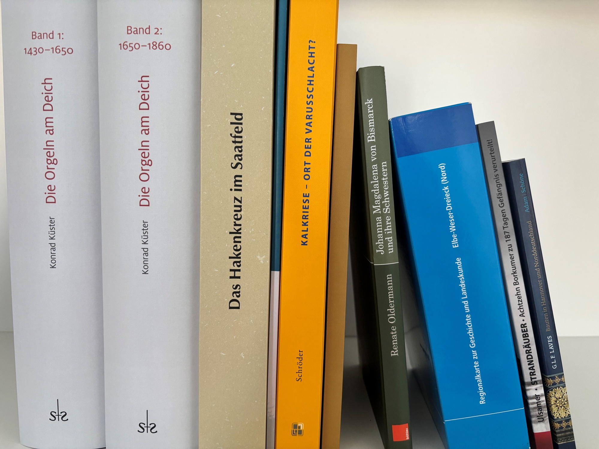 Neun neue wissenschaftliche Publikationen Auf einem Tisch stehen die neun neuen Publikationen mit dem Buchrücken zum/zur Betrachter*in
