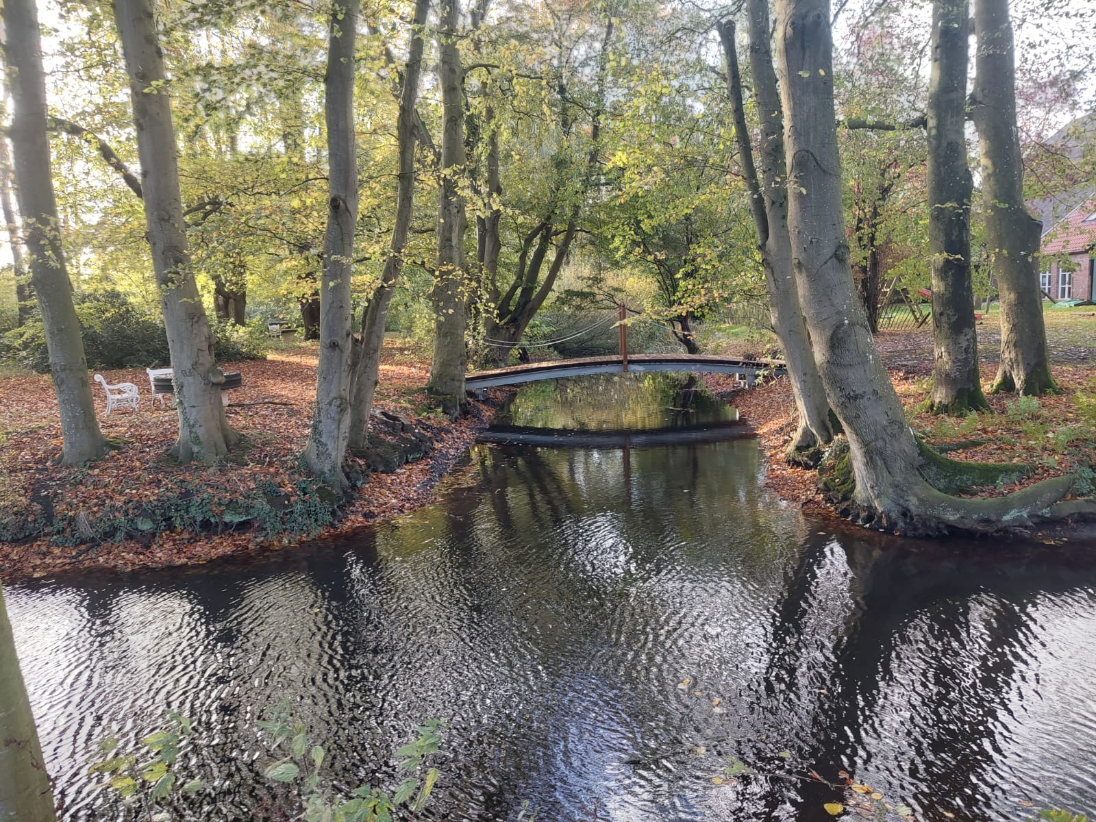Der Garten des Gulfhofs Osteeler Altendeich mit Halbinse, Graft und wiederhergestellter Brücke